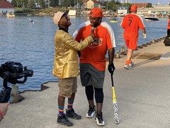 Milwaukee Brewers great, Bill Hall being interviewed between at-bats at the Kenosha Kingfish Legends Weekend HR Derby.